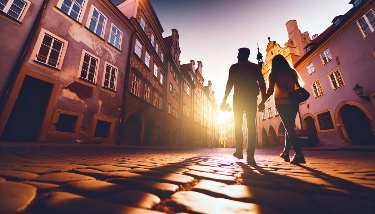 Romantic silhouettes of a couple walking hand in hand through a charming European cobblestone street at golden hour with warm sunset lighting