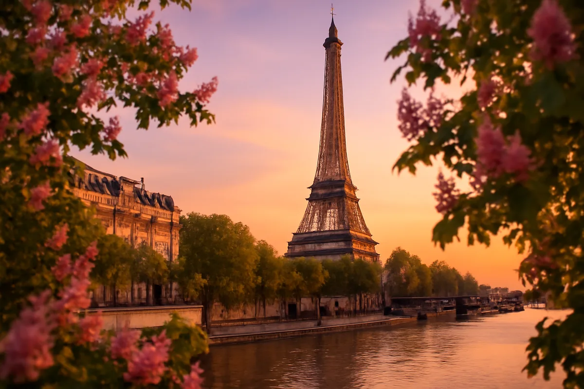 The Eiffel Tower glowing at golden hour, framed by lush trees and classic Parisian architecture along the Seine River under a warm amber and lavender sky.