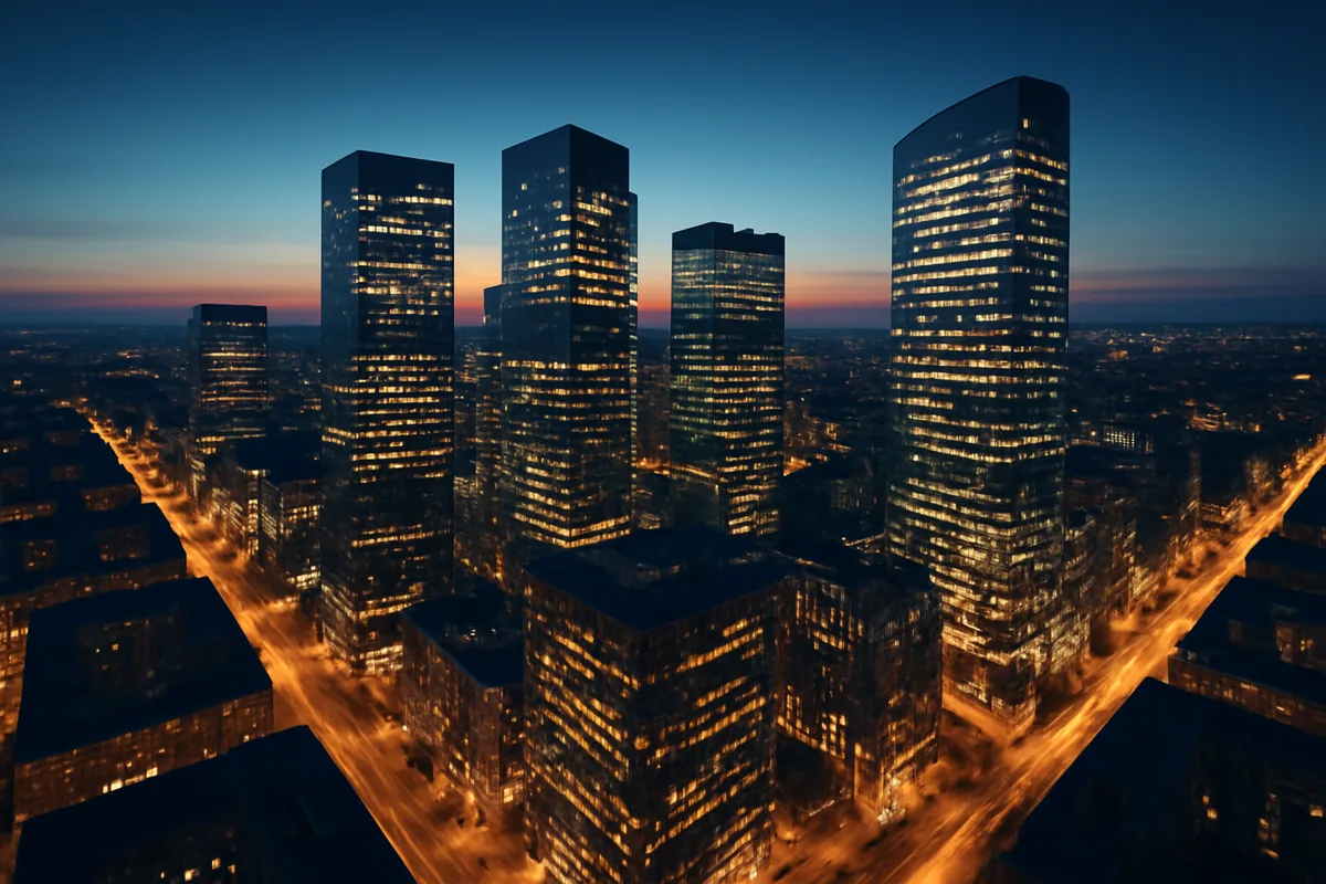 Aerial panoramic view of a glowing international business district at dusk, with interconnected illuminated streets and modern glass skyscrapers reflecting warm golden light