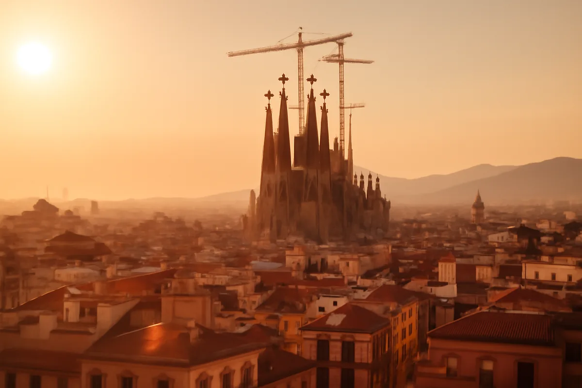 Barcelona cityscape at golden hour with the Sagrada Família cathedral prominently rising above the terracotta rooftops under a warm amber sky
