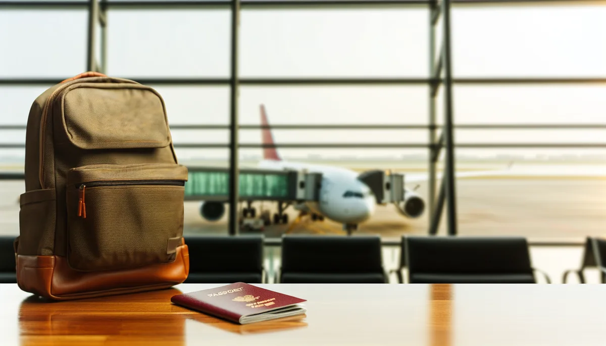 Travel preparation scene with backpack and passport on table at airport departure lounge with airplane visible through windows