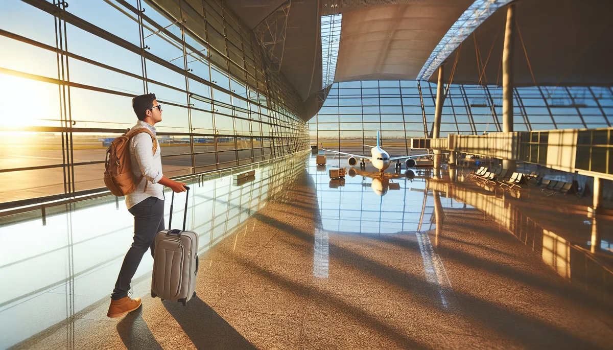 Traveler with backpack walking through bright modern airport terminal with large windows and airplane visible outside