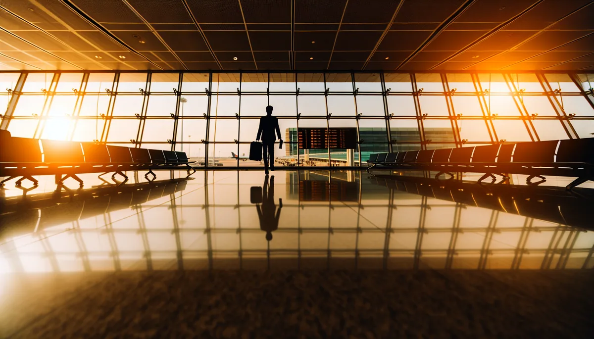 Silhouette of a traveler walking through a modern airport terminal with large windows and warm lighting
