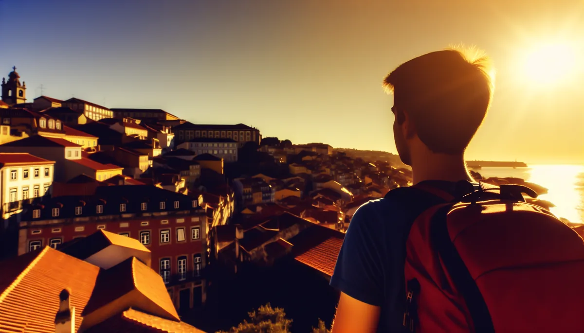 Silhouette of a traveler looking out over a beautiful European city with traditional red-tiled rooftops and cobblestone streets during golden hour