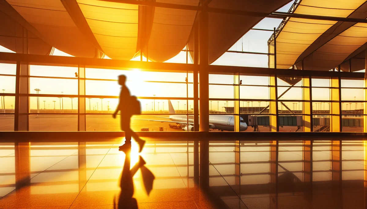 Silhouette of a traveler walking through a modern airport terminal with large windows showing planes on the tarmac during golden hour