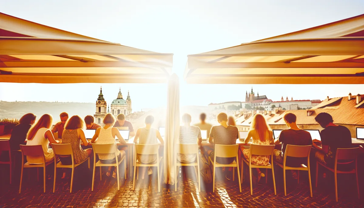 Travelers working together at an outdoor European cafe with laptops, viewed from behind, with historic city architecture in the background during golden hour