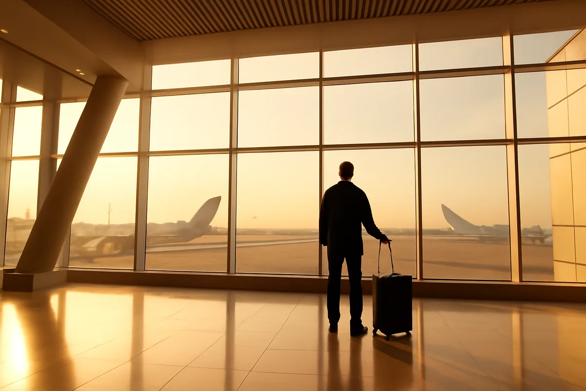 Silhouette of a traveler standing in a modern international airport departure hall, with large windows overlooking the tarmac and warm golden light streaming through