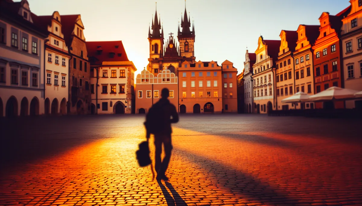 Golden hour view of a historic European city square with cobblestone streets, traditional architecture, and a traveler's silhouette walking through the scenic old town