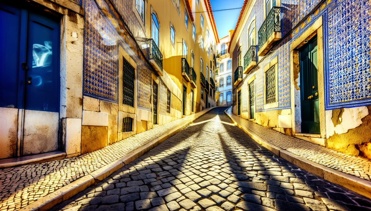 Picturesque Portuguese street in Lisbon with traditional blue and white azulejo tiles on building walls, cobblestone pavement, and warm golden lighting