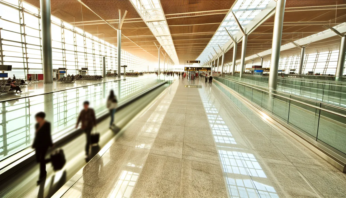 Modern airport terminal with travelers walking through bright glass corridors, representing international travel and connectivity