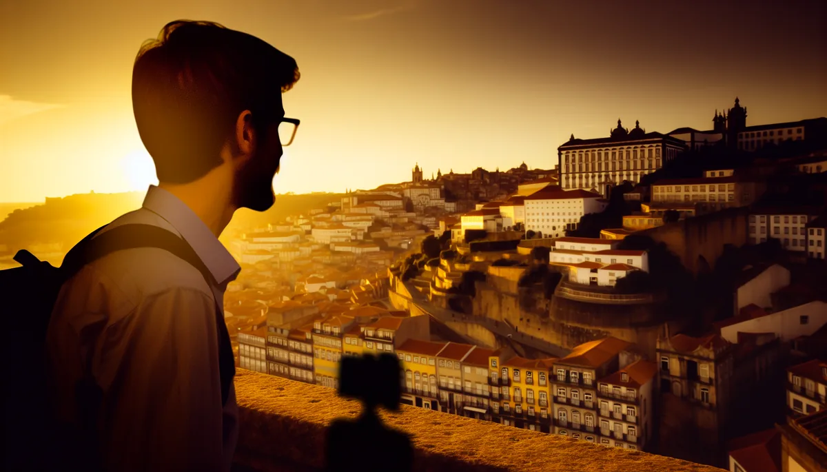 Silhouette of a traveler overlooking a beautiful European city at sunset, with historic buildings and streets stretching into the distance
