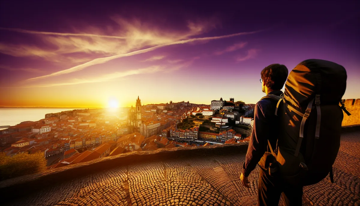 Silhouette of a traveler with backpack overlooking a European city at sunset, with historic architecture and cobblestone streets visible below under golden hour lighting