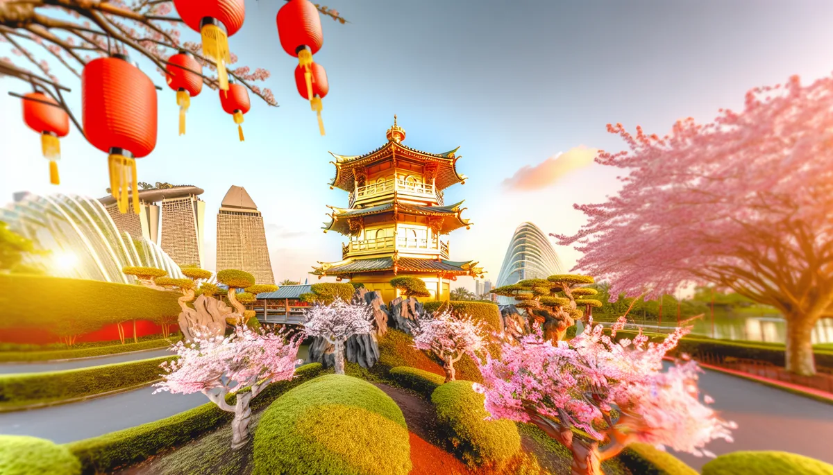 Beautiful Asian temple with golden pagoda architecture surrounded by cherry blossoms and traditional red lanterns, representing the diverse cultures of Japan, Thailand, and Singapore