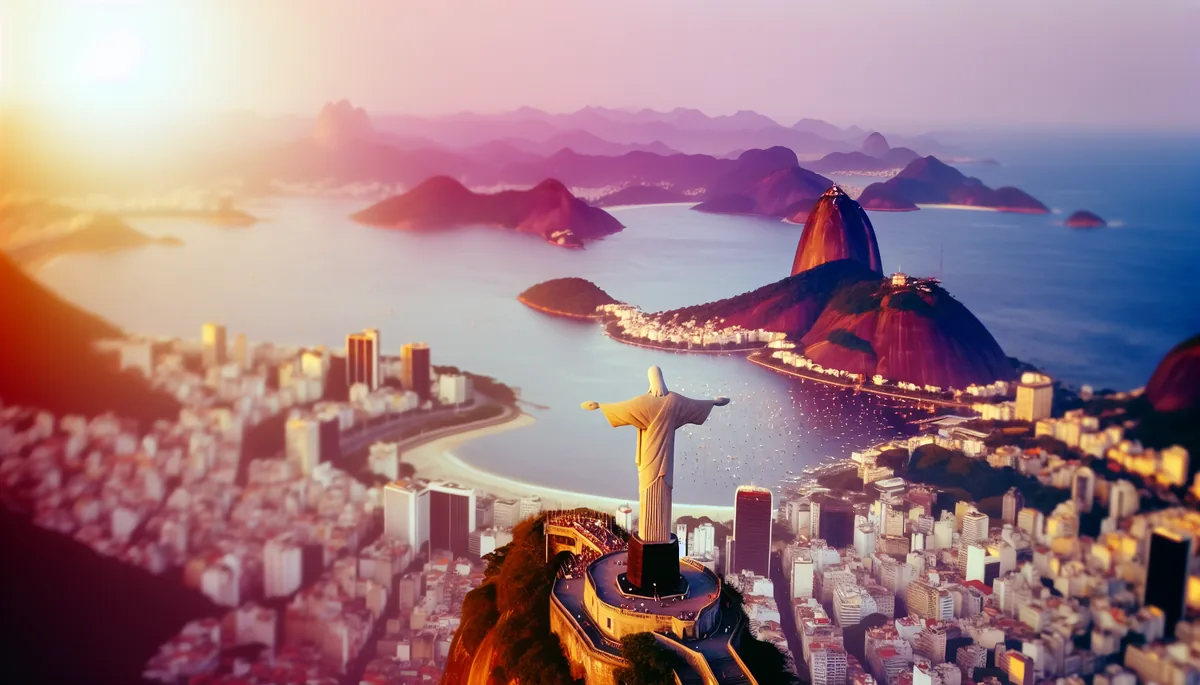 Aerial view of Rio de Janeiro at sunset showing Christ the Redeemer statue, Sugarloaf Mountain, and Copacabana beach with golden lighting