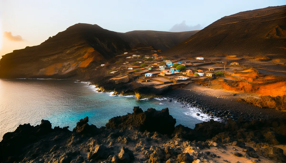 Stunning landscape view of Cabo Verde islands showing volcanic cliffs, turquoise ocean waters, and traditional colorful houses on hillside during golden hour
