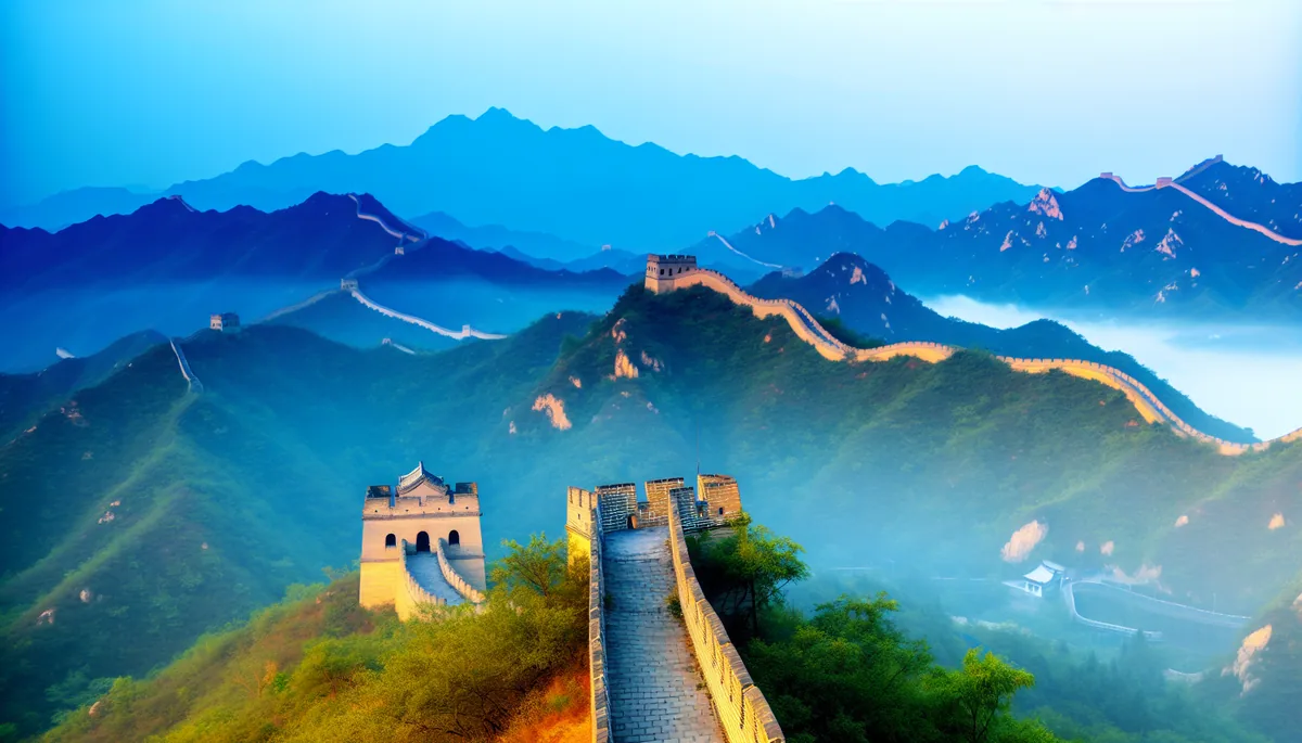 The Great Wall of China snaking through misty mountain ridges at sunrise, showcasing the iconic Chinese landscape in golden morning light