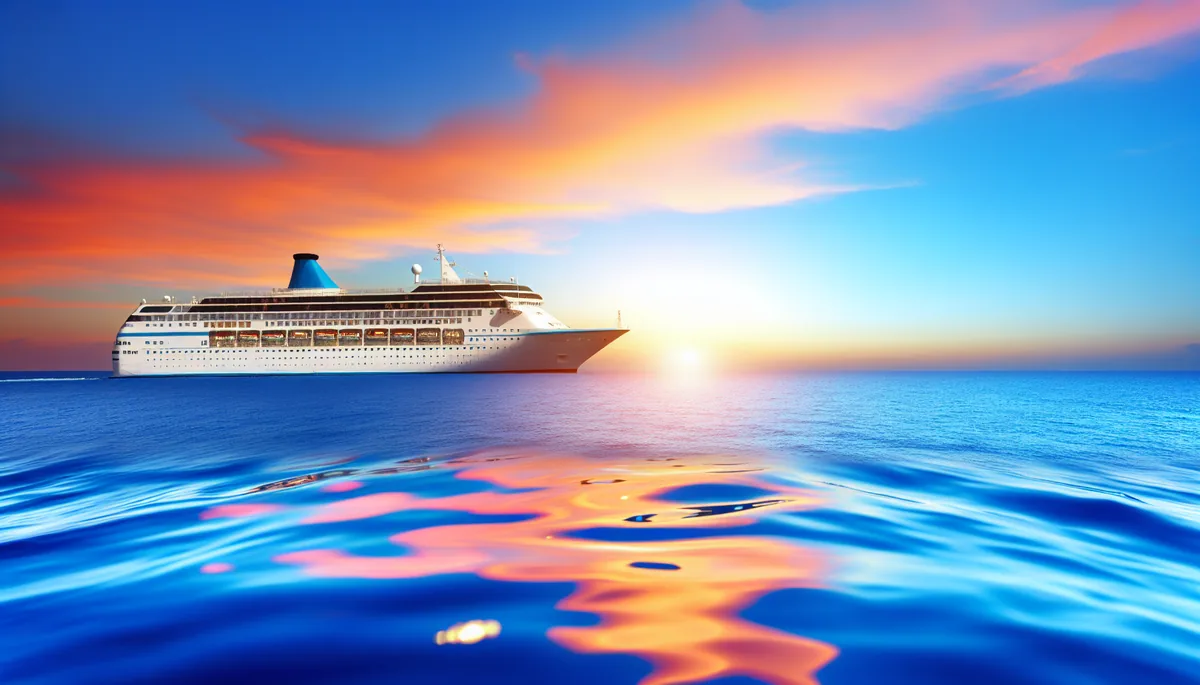 Elegant cruise ship sailing on calm blue ocean waters during a dramatic sunset with orange and pink clouds in the sky