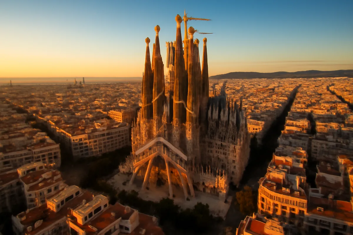 Aerial view of Barcelona's Sagrada Família cathedral at golden hour, surrounded by the city's distinctive grid layout and terracotta rooftops with the Mediterranean horizon in the background.