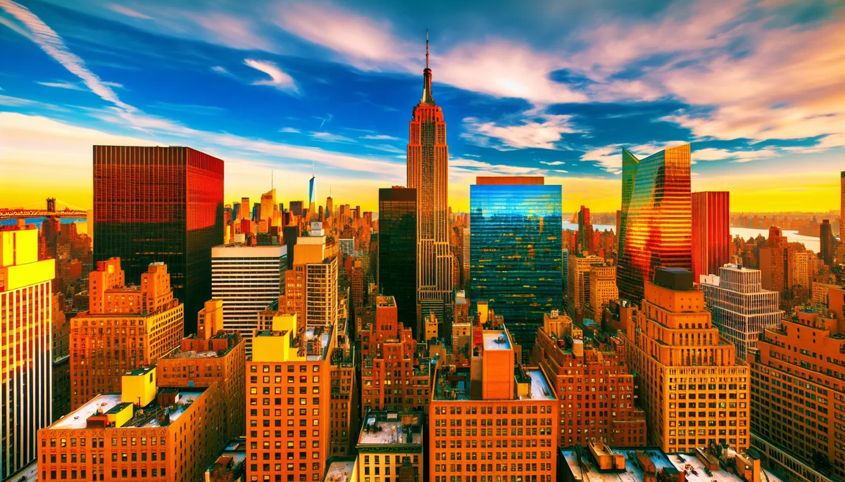 Stunning golden hour view of New York City skyline with Empire State Building and modern skyscrapers reflecting warm sunlight