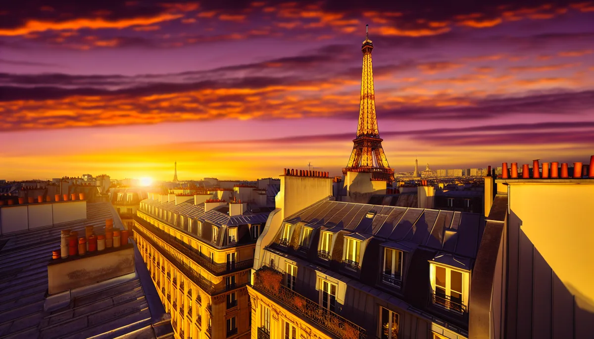 Golden hour view of the Eiffel Tower rising above traditional Parisian rooftops with warm sunset lighting