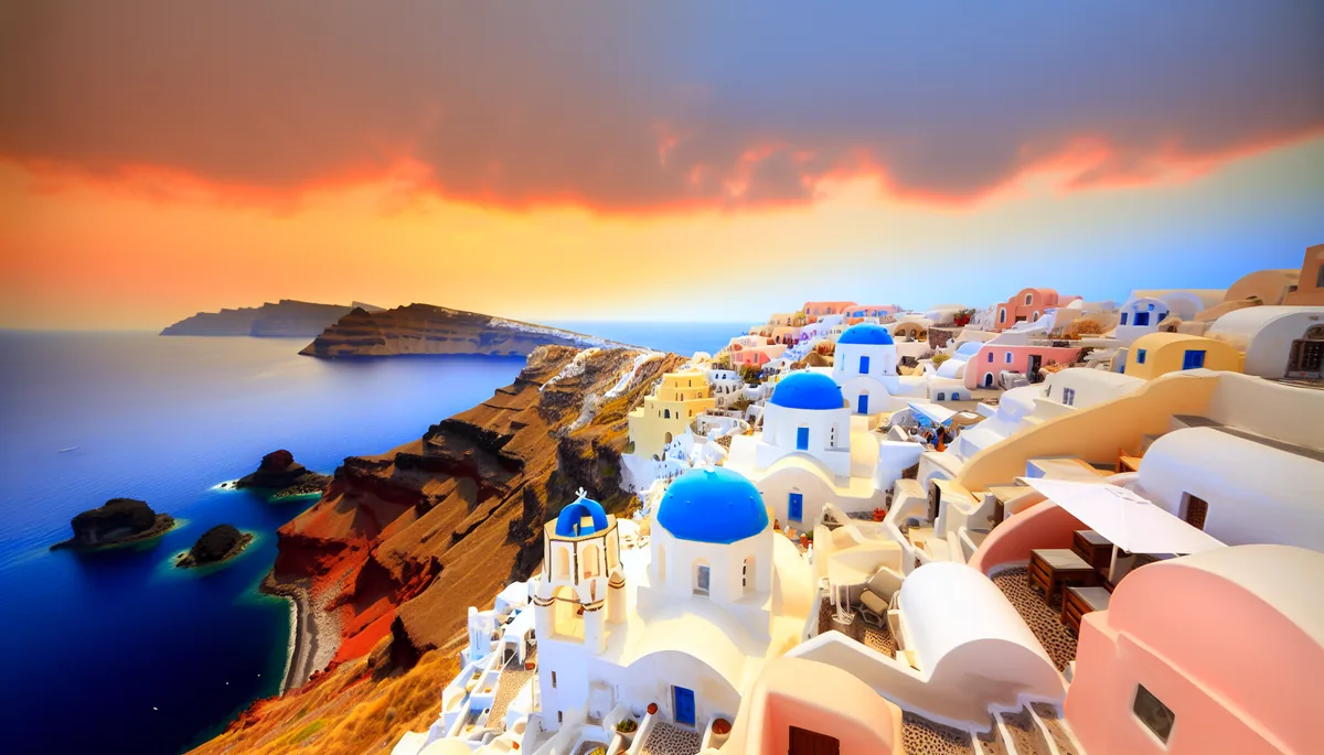 Stunning view of white-washed buildings with blue domes perched on dramatic cliffs overlooking the deep blue Aegean Sea in Santorini, Greece, captured during golden hour
