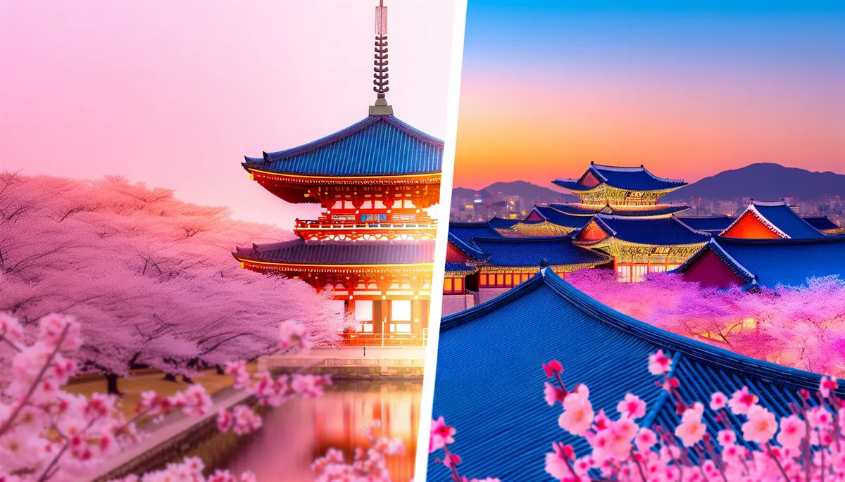 Split composition travel photograph showing Japanese cherry blossoms with traditional pagoda on the left and Korean palace architecture on the right, captured during golden hour with soft lighting