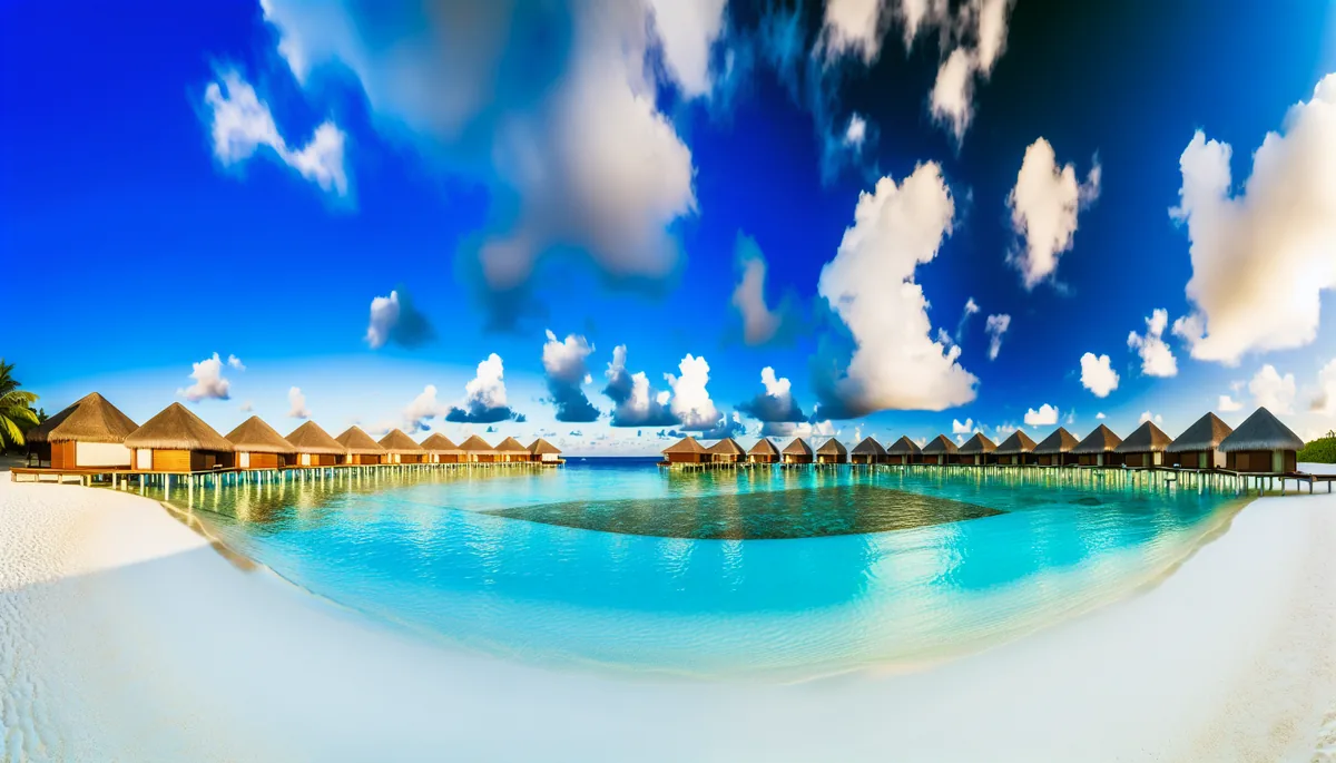 Luxury overwater bungalows in the Maldives with crystal clear turquoise waters, white sand beach, and dramatic tropical sky