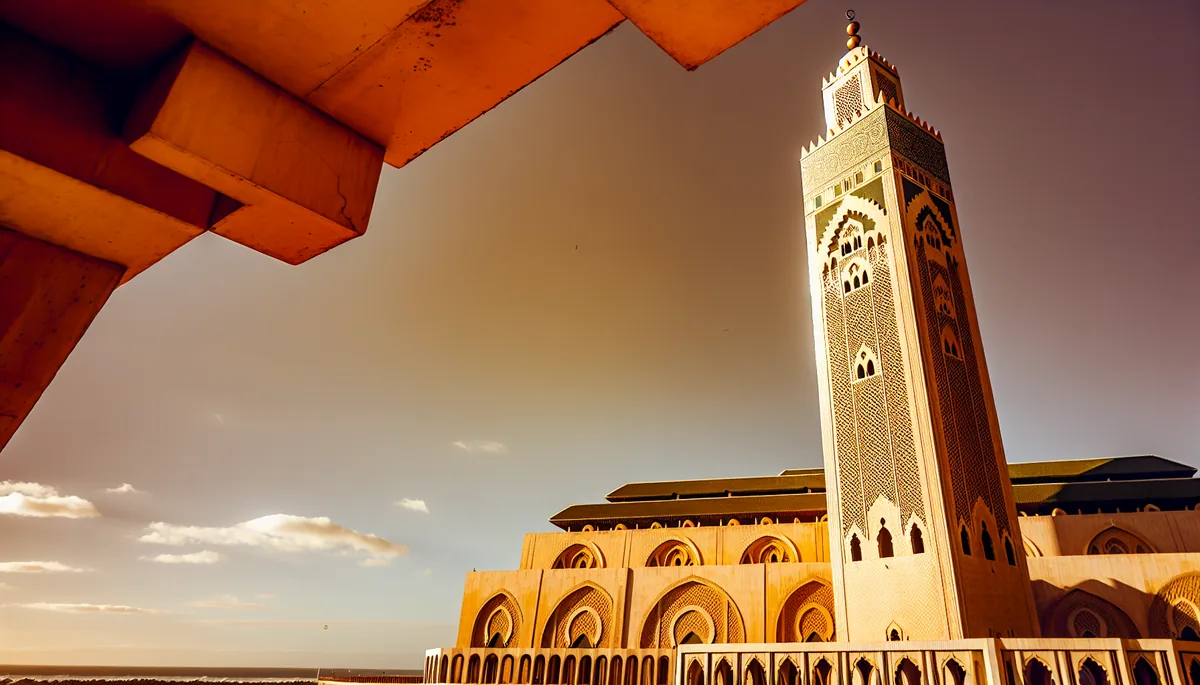 Majestic Hassan II Mosque minaret in Casablanca, Morocco, photographed during golden hour with warm lighting highlighting the traditional Islamic architecture against the Atlantic coastline