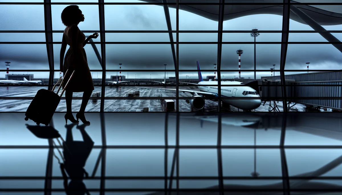 Silhouette of a traveler with luggage standing at an airport terminal window, looking out at aircraft on the tarmac under an overcast sky
