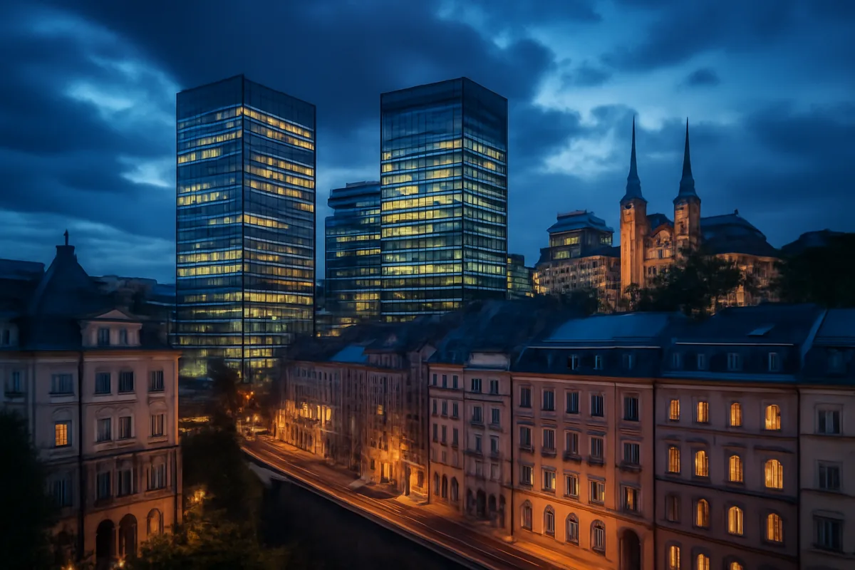 Luxembourg City skyline at dusk showing a blend of modern financial district glass towers and historic European architecture bathed in blue hour light
