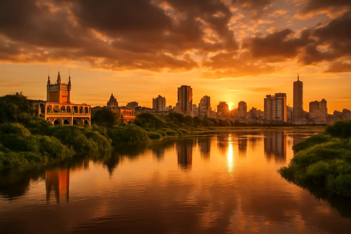 Panoramic view of Asunción, Paraguay's capital city, reflected along the Paraguay River during a warm golden hour sunset, showcasing colonial and modern architecture surrounded by lush greenery.