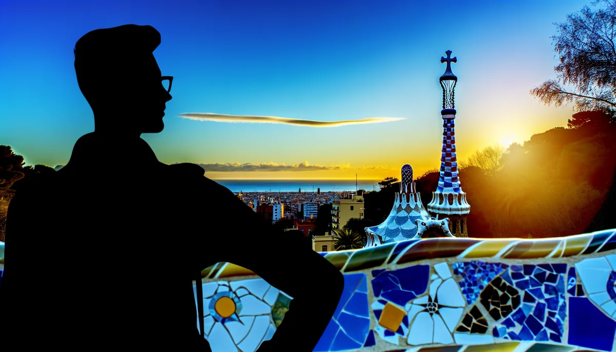 Traveler silhouette overlooking Barcelona's iconic Park Güell with colorful mosaic architecture and Mediterranean coastline in the background during golden hour