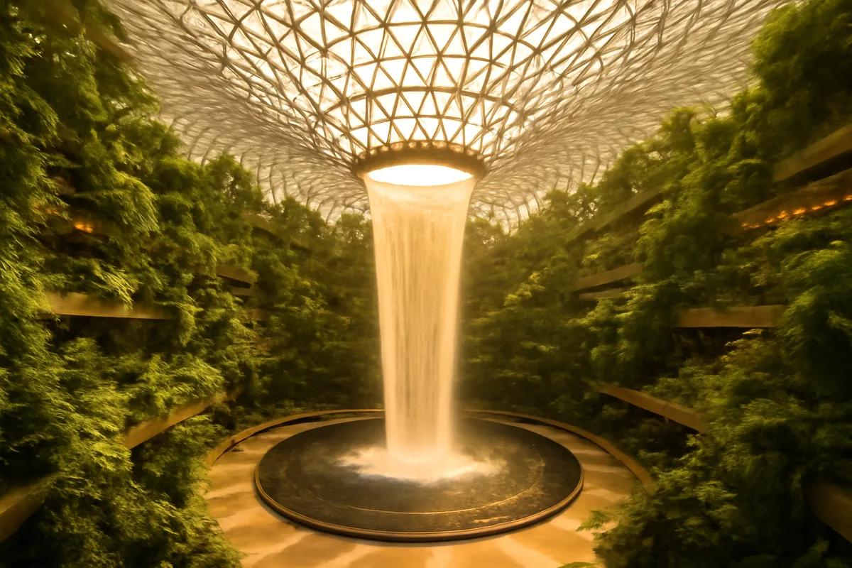 The stunning interior of Singapore Changi Airport featuring its famous indoor garden with a cascading waterfall, lush tropical greenery, and a soaring glass-paneled ceiling bathed in warm natural light.