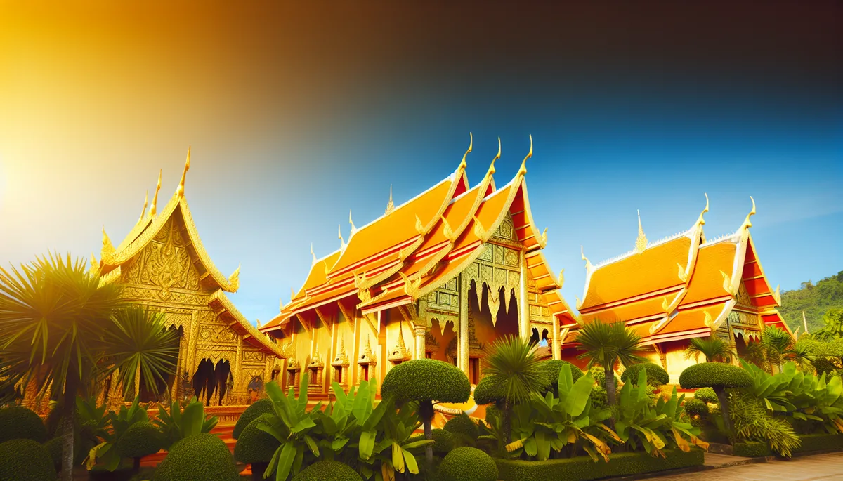 Golden Buddhist temple with traditional Thai architecture surrounded by tropical greenery under a clear blue sky