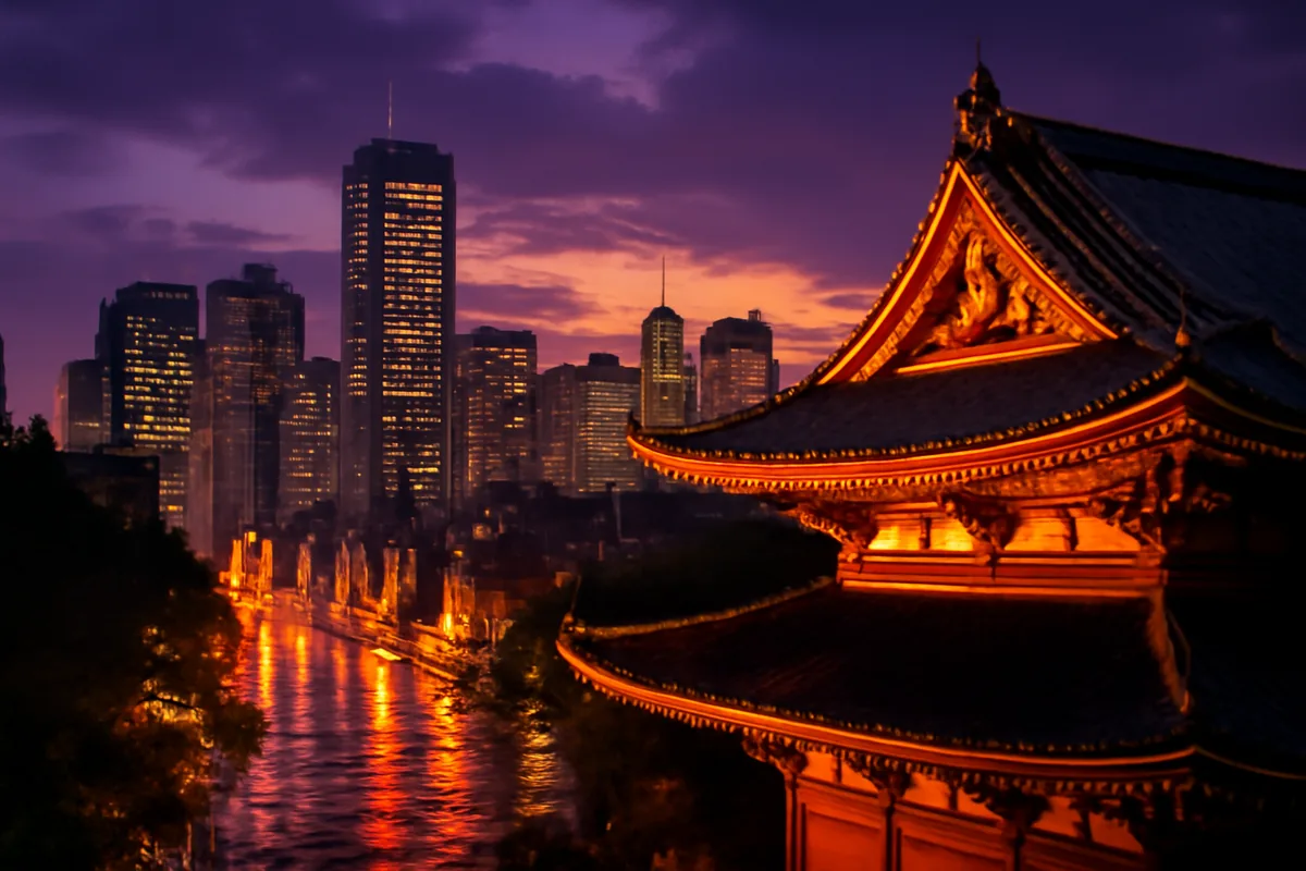 Tokyo cityscape at twilight showing illuminated modern skyscrapers alongside a traditional Japanese temple rooftop, with warm neon lights reflected on rain-wet streets in the Shinjuku district