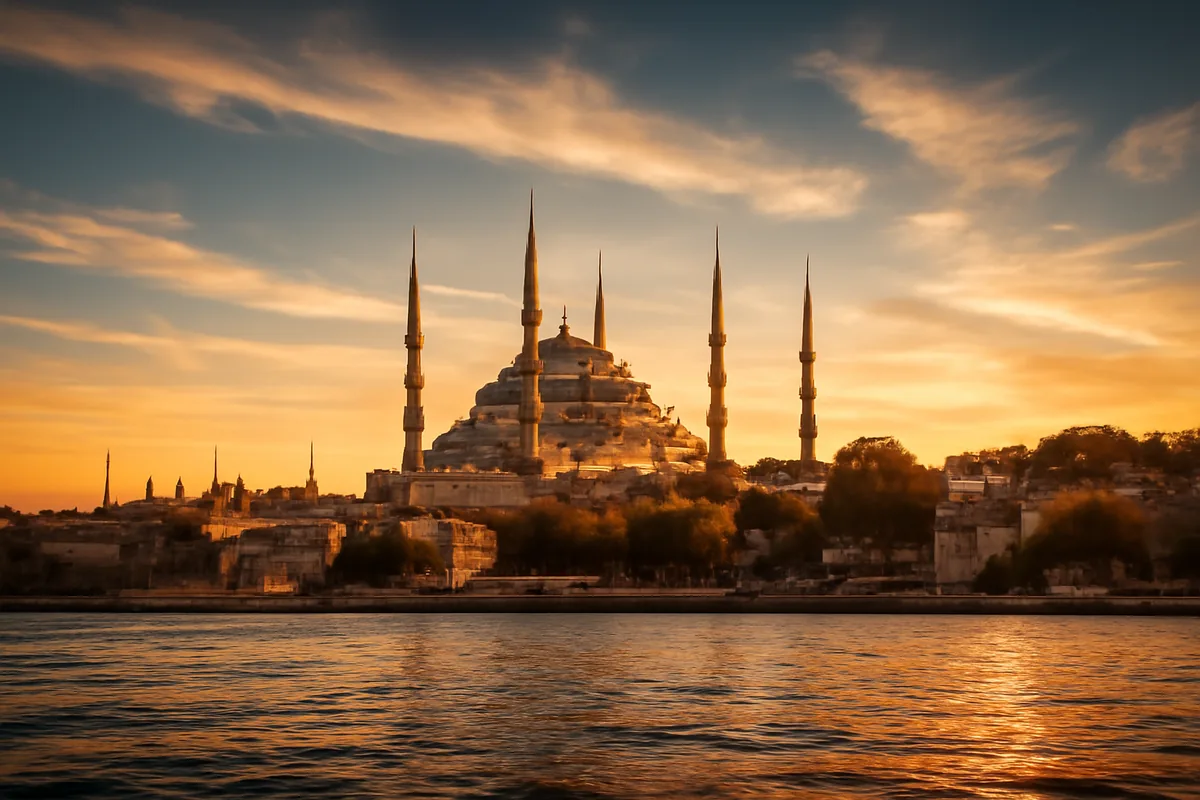 Panoramic view of Istanbul's historic skyline featuring the Blue Mosque's domes and minarets reflected in the Bosphorus strait at golden hour