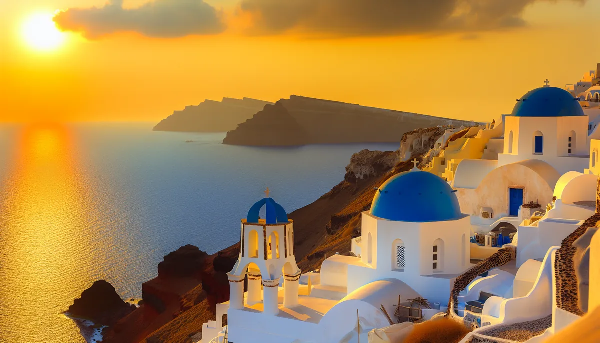 Breathtaking sunset view of Santorini's iconic white buildings and blue domes overlooking the Mediterranean Sea