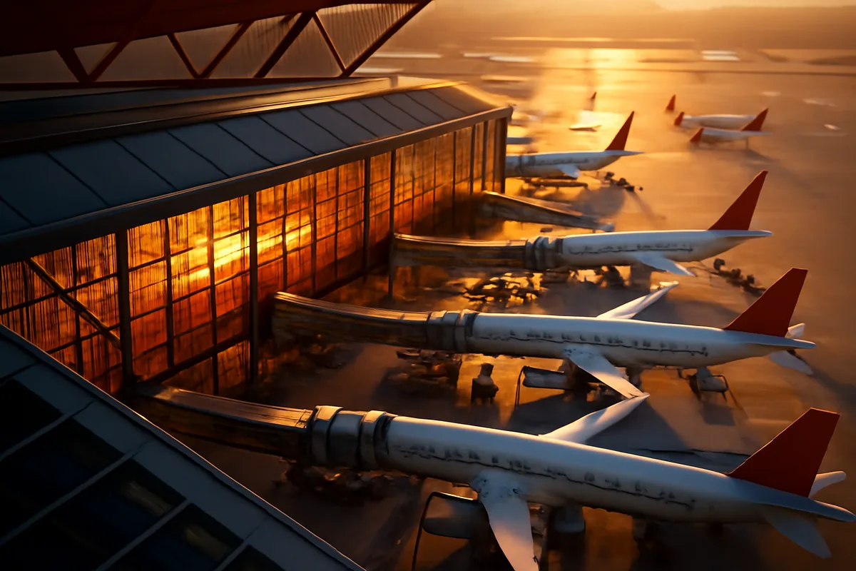 Aerial view of a modern international airport terminal at golden hour, with aircraft at gates and warm light streaming through large glass windows