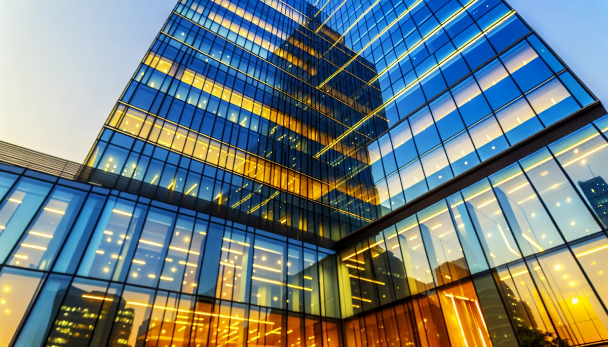 Modern glass office building with city skyline reflection during golden hour, representing professional business travel