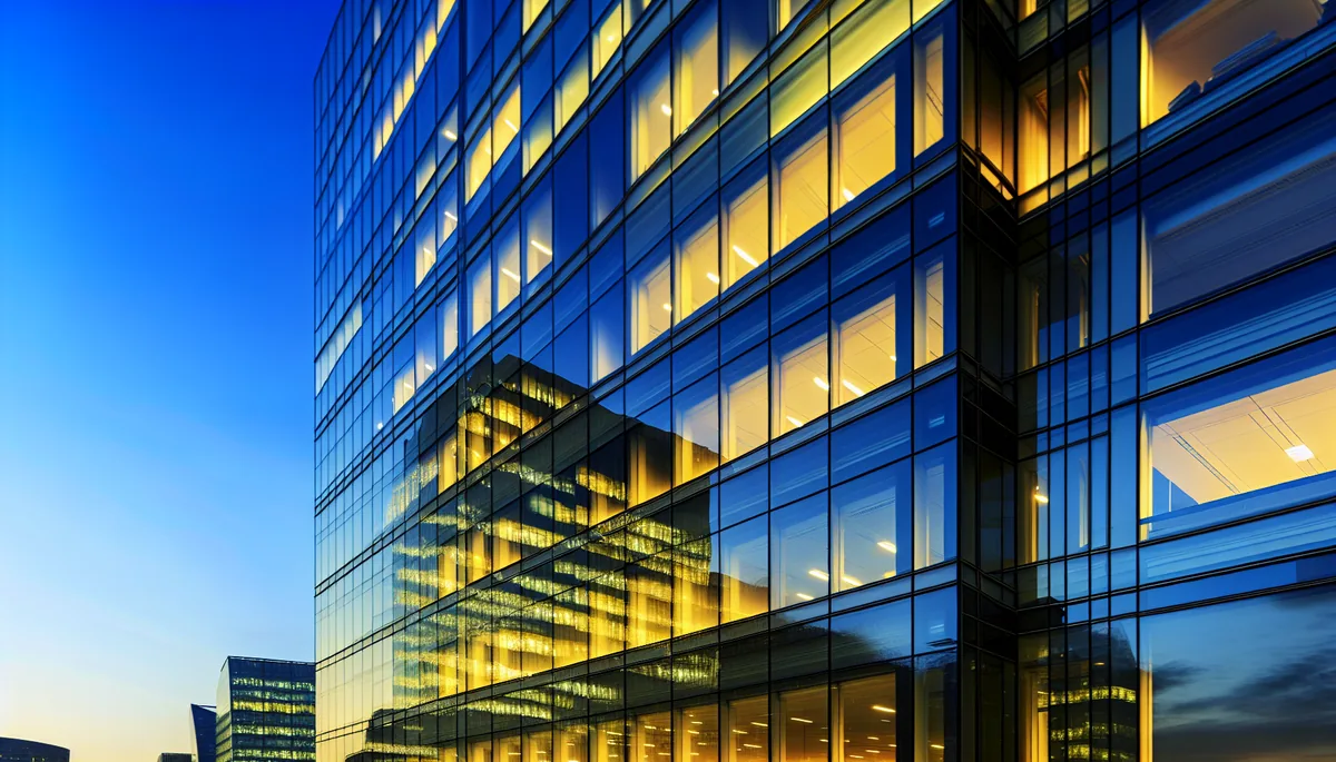 Modern glass office building in a business district at dusk with warm lights in windows and city skyline reflection