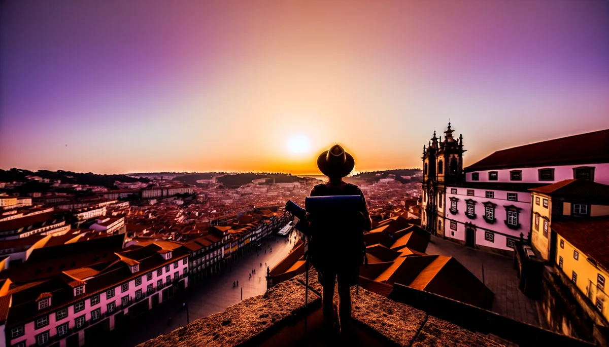 Silhouette of a traveler overlooking a European city at sunset with historic architecture and golden lighting