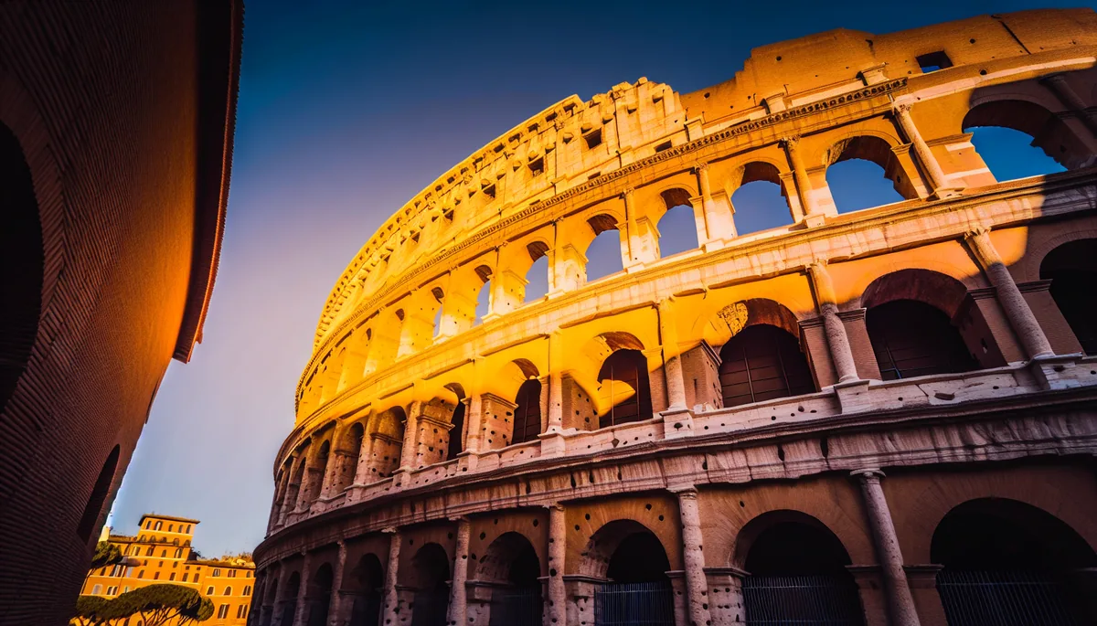 The Colosseum in Rome bathed in golden hour sunlight, showcasing ancient Roman architecture with warm lighting and dramatic shadows