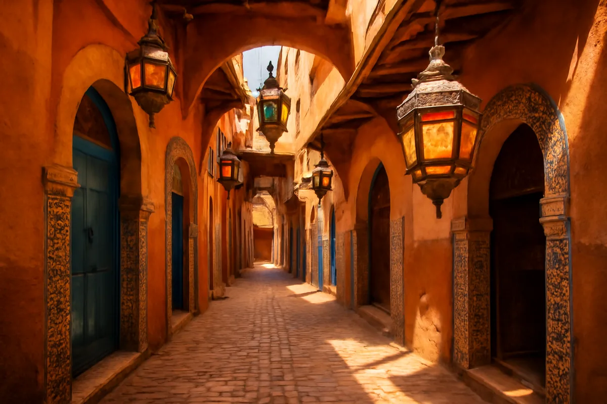 A vibrant Moroccan medina alleyway adorned with colorful hanging lanterns and intricate tilework, bathed in warm golden afternoon light