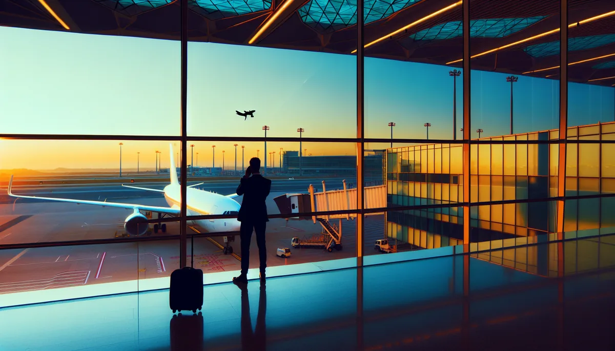 Silhouette of a traveler at Lisbon airport departure gate looking out at planes on the tarmac during golden hour