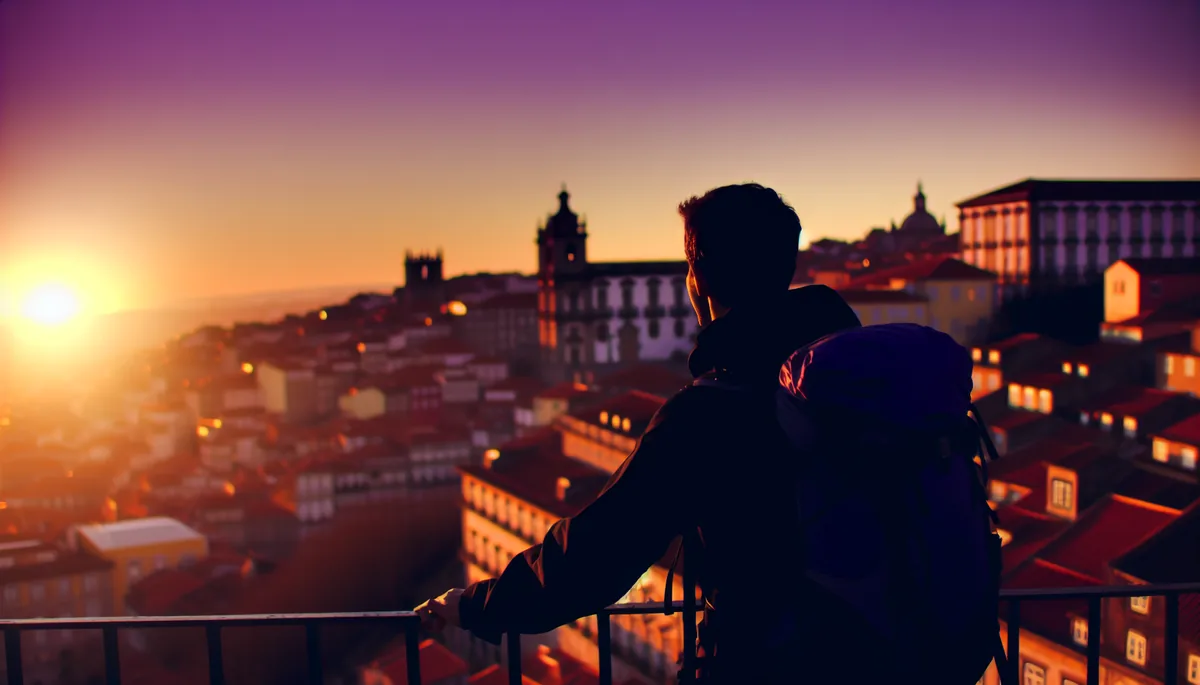 Silhouette of a traveler with backpack overlooking a European city at sunset, with historic buildings and cobblestone squares visible below in warm golden lighting