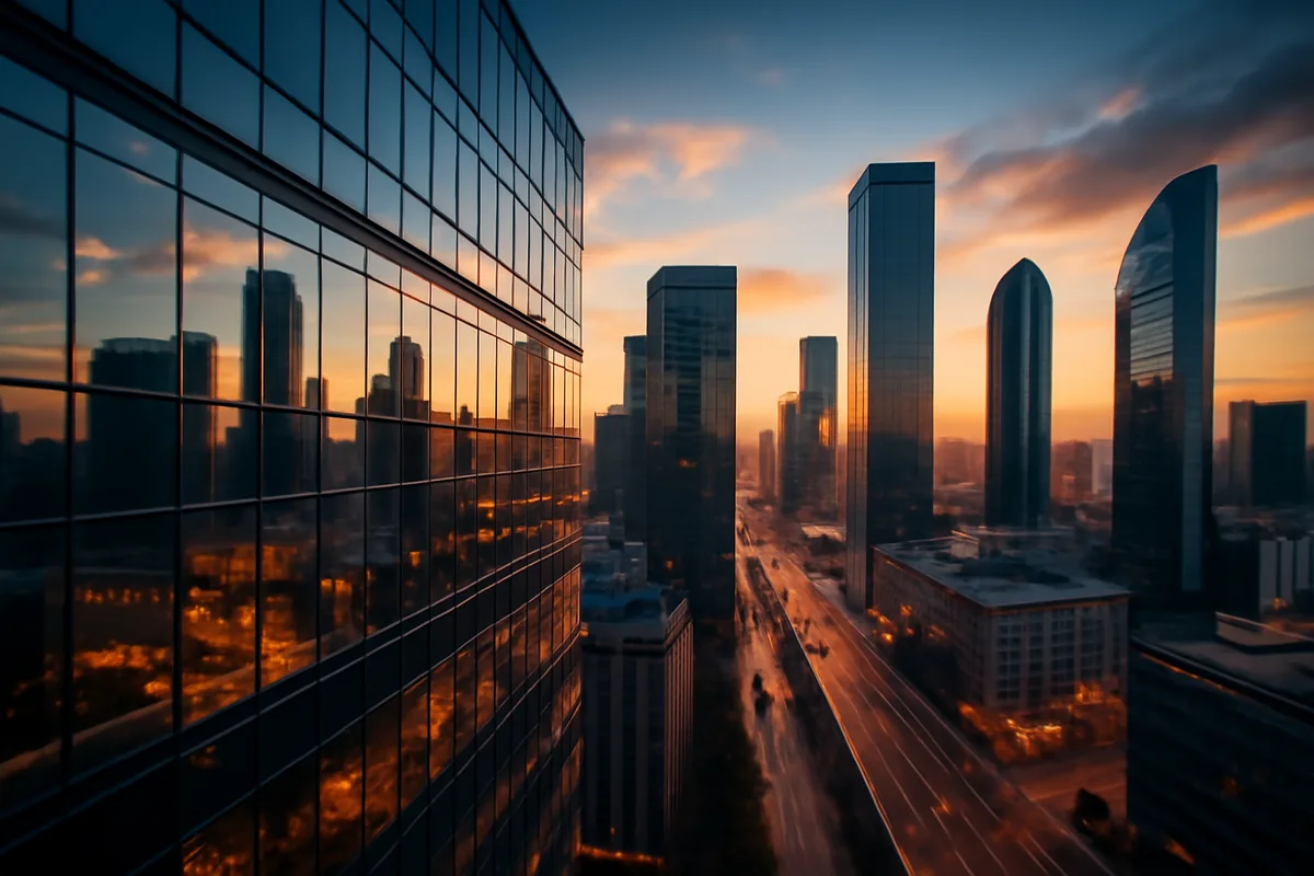 Modern glass skyscrapers reflecting golden sunset light in an international business district, viewed from an elevated wide-angle perspective with city streets below