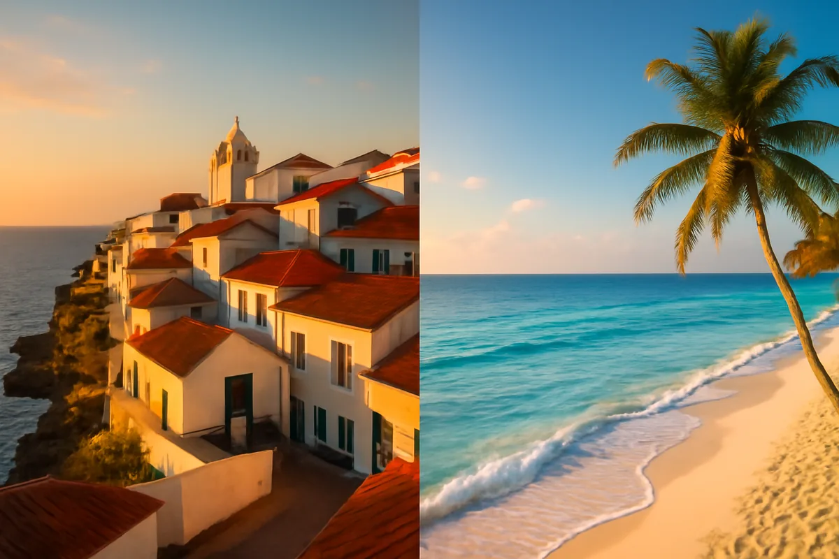 A scenic split panorama showing a charming whitewashed Portuguese coastal village on one side and a lush tropical beach destination on the other, bathed in warm golden hour sunlight