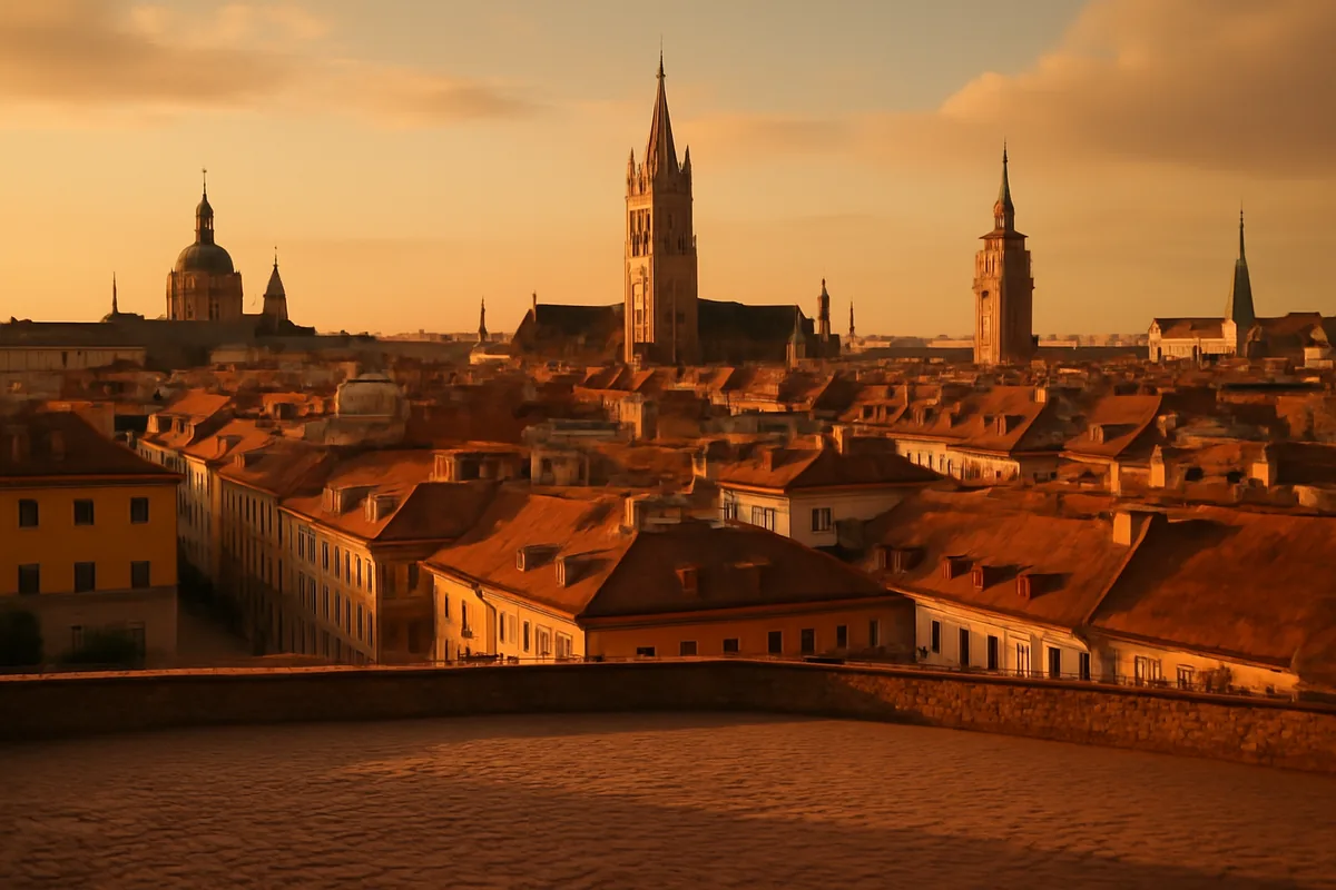 Panoramic golden hour view of a historic European city skyline with terracotta rooftops and classic architecture stretching into the distance