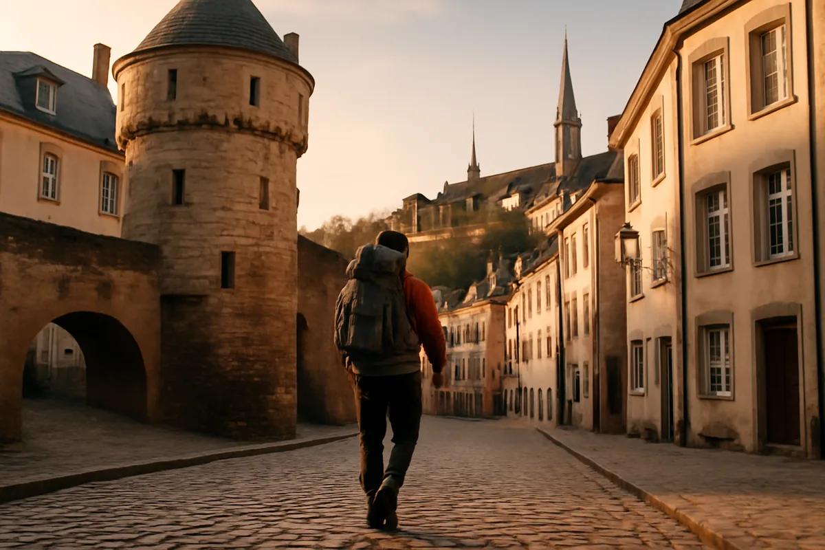 Backpacker exploring the historic cobblestone streets and medieval architecture of Luxembourg City's old town