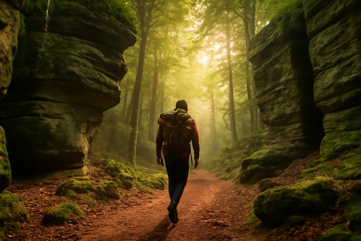 A backpacker hiking through the scenic Müllerthal region of Luxembourg, surrounded by dramatic sandstone cliffs and verdant forest in golden morning light